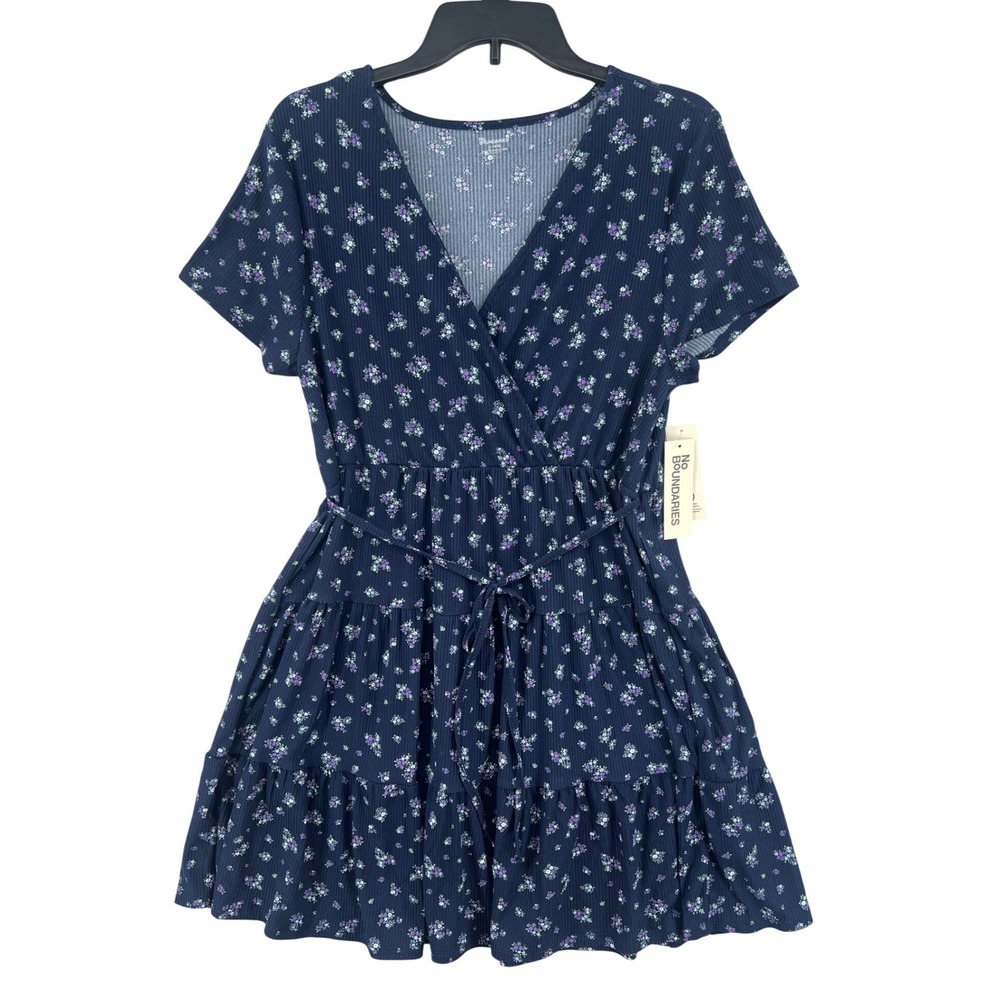 No Boundaries Tiered Floral Ribbed Wrap Dress Girls XL 16-18 Blue Cottagecore